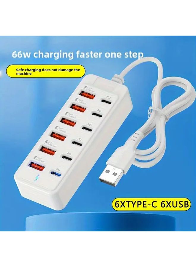 مُحَوِّل USB الأبيض 66 واط للشحن السريع 12 في 1 محول متعدد المنافذ للكمبيوتر المحمول والجهاز اللوحي والهاتف - Image 5