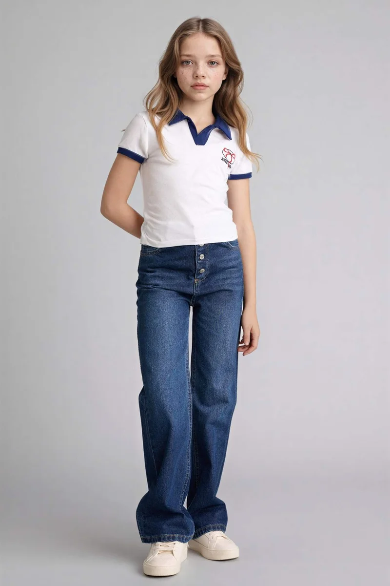 ديفاكتو Girl Slim Fit Polo Collar Printed T-Shirt