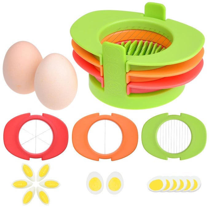 EGG SLICER SET WITH 3 CUTTERS CUT BOILED EGGS INTO THIN SLICES WEDGES OR HALVES EASY MANUAL EGG SLICING NO POWER NO NOISE GREAT FOR SANDWICHES SALADS AND HORS DOEUVRES WITH SLICER STAND