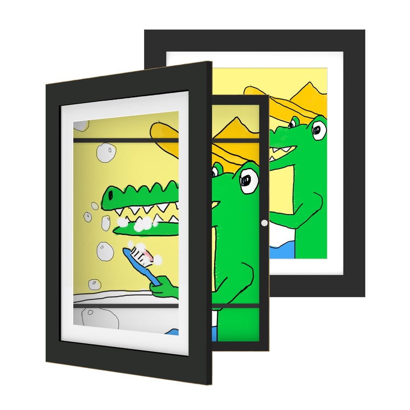 FrameWorks 10 x 125 Black Wooden Kids Art Frame with Magnetic Door  Display for 3D Artwork Photos Crafts  Gallery Style Edges Wall Decor for Home Playroom Easy Access Frame for Creativity