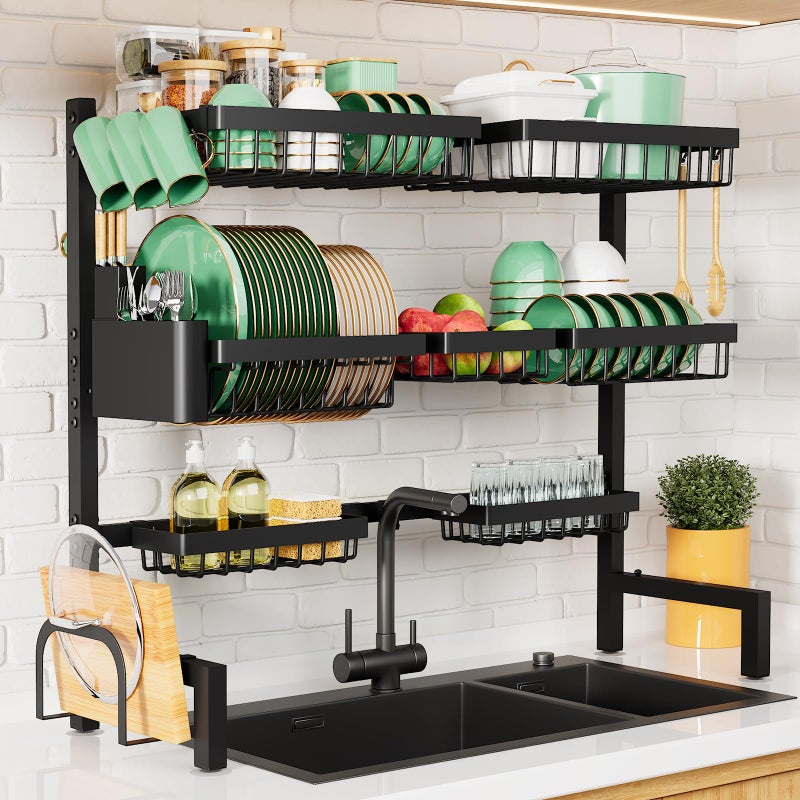 Kitsure Over The Sink Dish Drying Rack - 31.5" to 39.4" x 30.3", Adjustable Sink Drying Rack for Kitchen Sink with Multifunctional Baskets, Black - Image 1