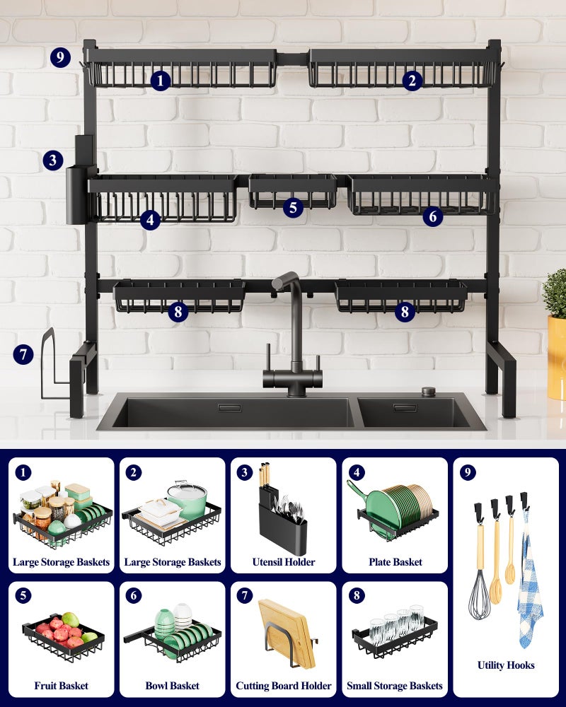 Kitsure Over The Sink Dish Drying Rack - 31.5" to 39.4" x 30.3", Adjustable Sink Drying Rack for Kitchen Sink with Multifunctional Baskets, Black - Image 3