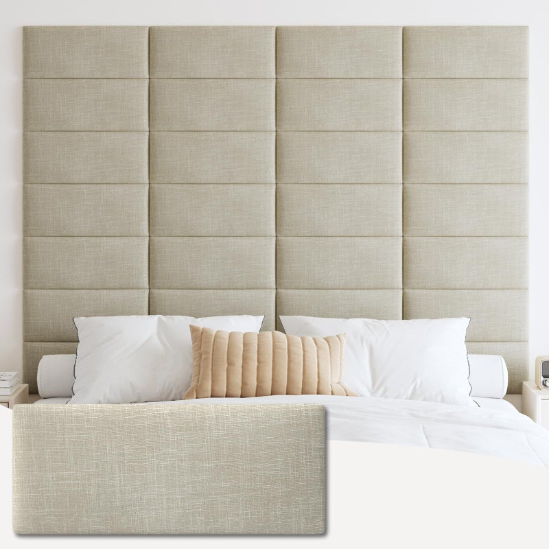 IFNOW Upholstered Wall Mounted Headboard, 3D Soundproof Wall Panels Peel and Stick for Queen Size, Reusable and Removable Tufted Bed Headboard in Beige (9 Panels, 10" x 24") - Image 1