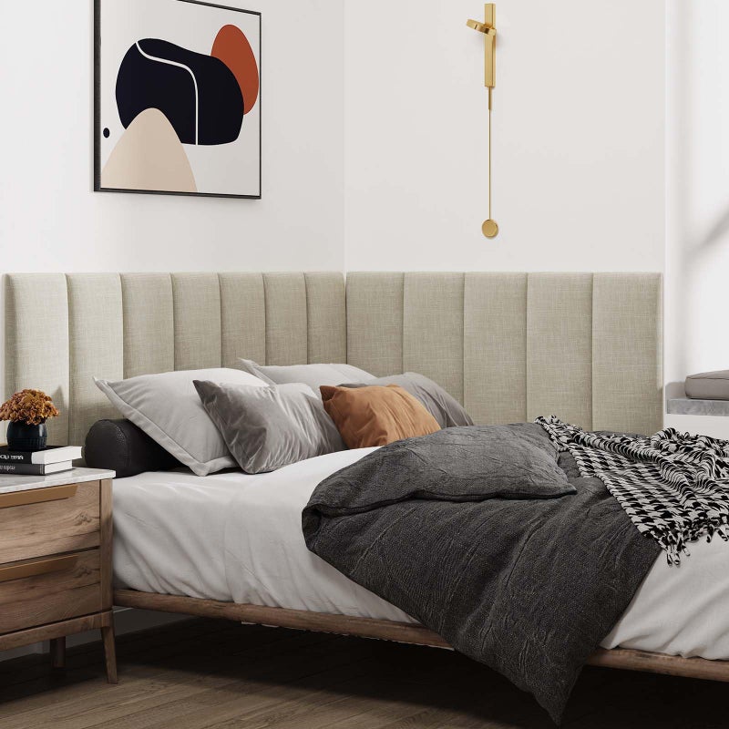 IFNOW Upholstered Wall Mounted Headboard, 3D Soundproof Wall Panels Peel and Stick for Queen Size, Reusable and Removable Tufted Bed Headboard in Beige (9 Panels, 10" x 24") - Image 4