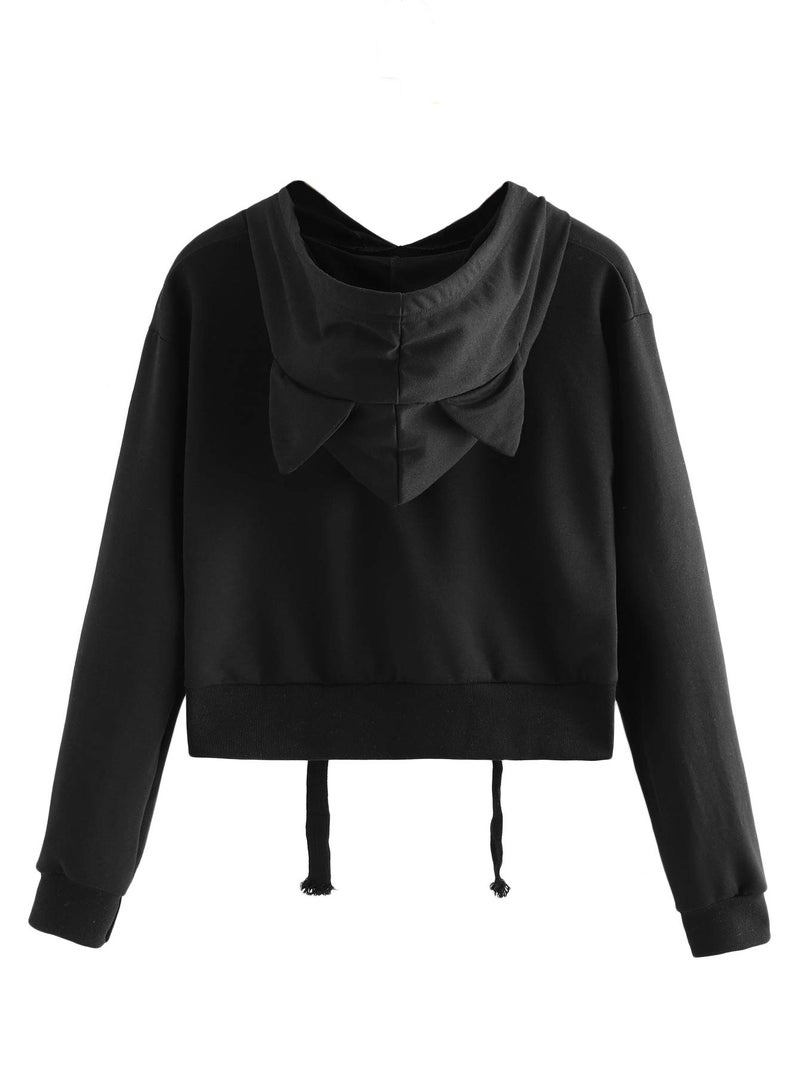 SweatyRocks Women's Long Sleeve Hoodie Crop Top Cat Print Pullover Sweatshirt Black#2 L - Image 4