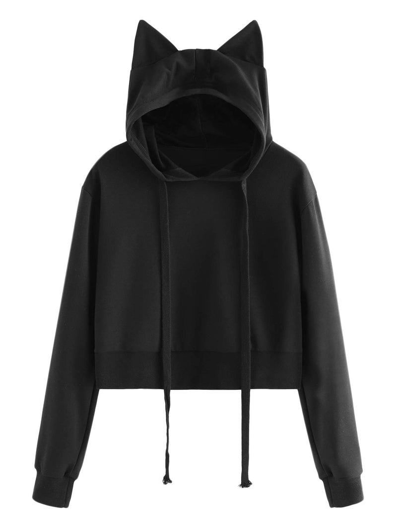 SweatyRocks Women's Long Sleeve Hoodie Crop Top Cat Print Pullover Sweatshirt Black#2 L - Image 1