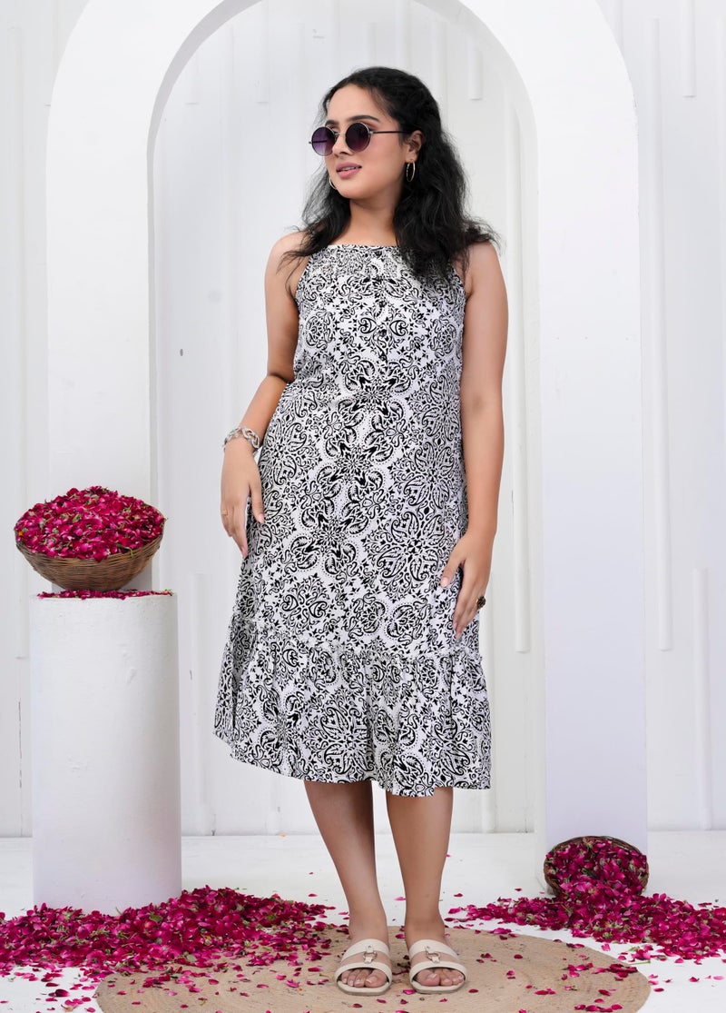 Yash Gallery Women’s Wrinkle Free Sleeveless Printed A-Line Midi Dress with Black & White Ethnic Floral Design | Lightweight Casual, Travel & Brunch | Comfortable Flared Fit Dress - Image 3
