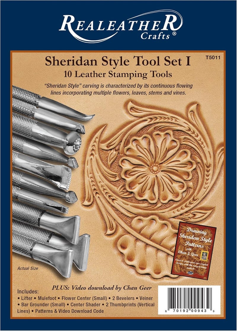 Realeather Leather Stamps Tool Set for Leather Crafting, 10 Stamping Tools, Sheridan Style Stamp Set I - Image 1