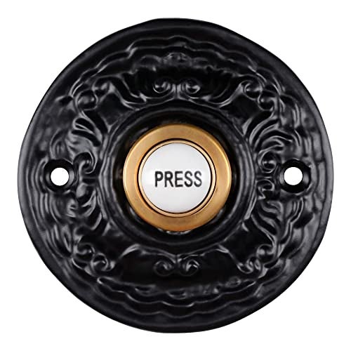 A29 Wired Iron Doorbell Chime with Brass Porcelain Push Button in Black Powder Coat Finish Vintage Decorative Door Bell with Easy Installation, Size 2 1/2" - Image 1