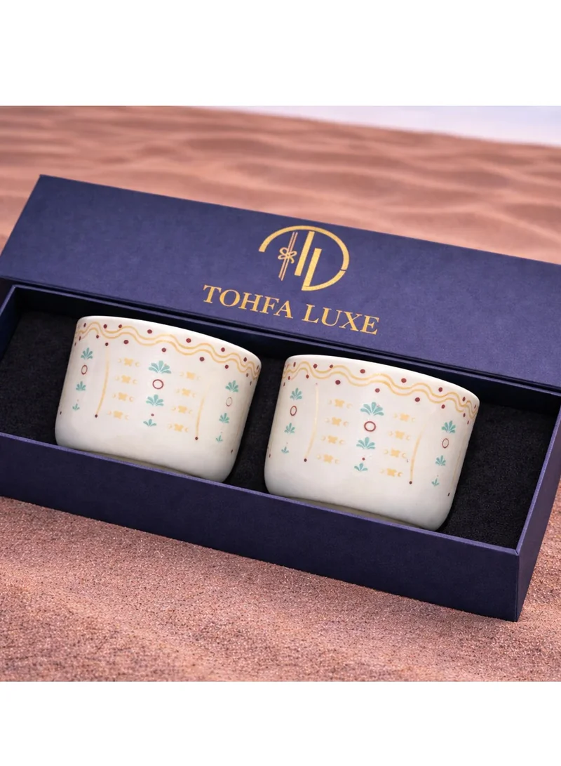 Tohfa Luxe  Tohfa Luxe Zahra Ceramic Cup Gift Set of 2 – Colorful Arabic Print Handcrafted Tea & Coffee Cups – Premium Gift Box – Inspired by Arabian Art – 150 ml  | Best Price UAE
