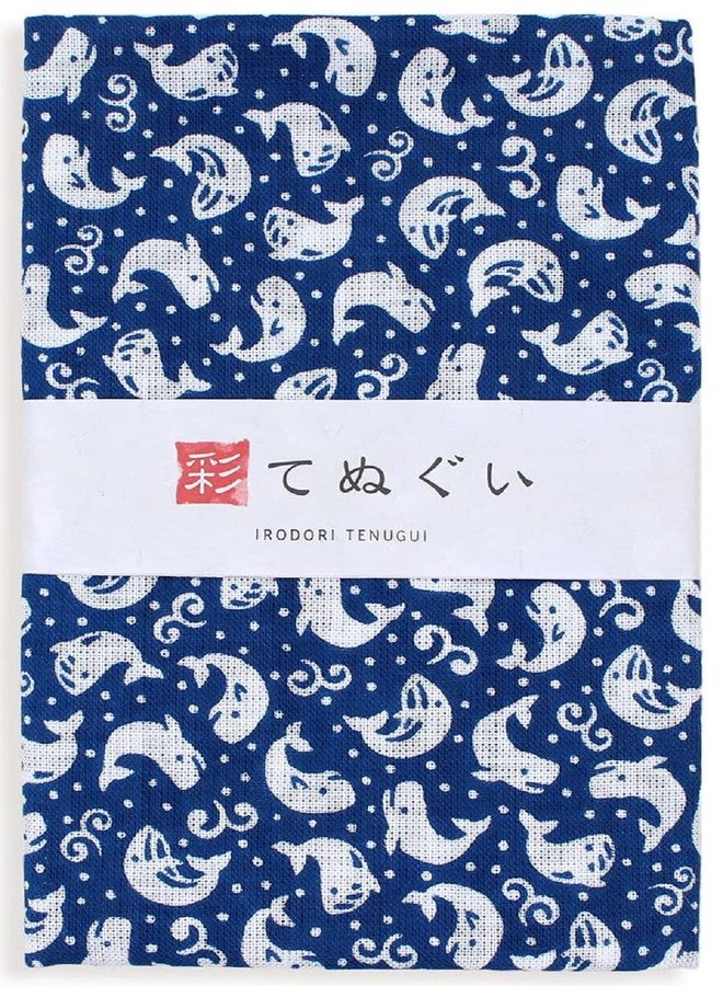 KOMESICHI irodori Japanese Traditional Towel Tenugui Whale 12.99 x 34.64 in with Tenugui Iroha (English Manual) - Image 1