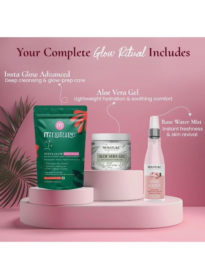 MINATURE Ultimate Glow Ritual Combo | Insta Glow Advanced (100g) + Rose Water Mist (110ml) + Aloe Vera Gel (200g) | Cleanse, Hydrate & Refresh Skin - Image 2