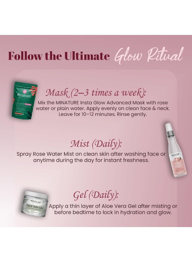 MINATURE Ultimate Glow Ritual Combo | Insta Glow Advanced (100g) + Rose Water Mist (110ml) + Aloe Vera Gel (200g) | Cleanse, Hydrate & Refresh Skin - Image 3