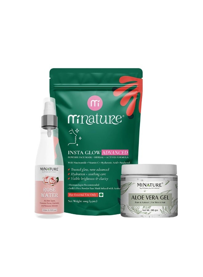 MINATURE Ultimate Glow Ritual Combo | Insta Glow Advanced (100g) + Rose Water Mist (110ml) + Aloe Vera Gel (200g) | Cleanse, Hydrate & Refresh Skin - Image 1