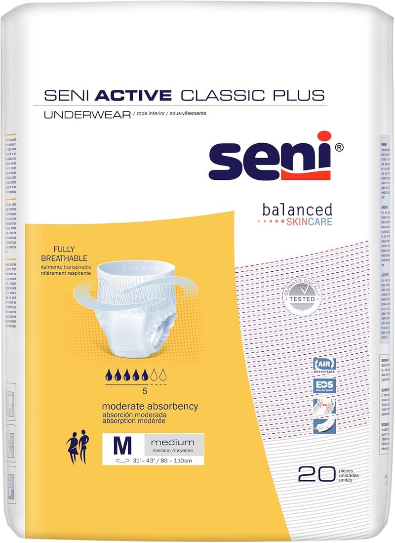 SENI Active Classic Plus Unisex Adult Incontinence Underwear Size Medium 3143 20 Count 1 Pack of 20 Moderate Absorbency Disposable Underwear with Tear Away Seams for Men Women - Image 1