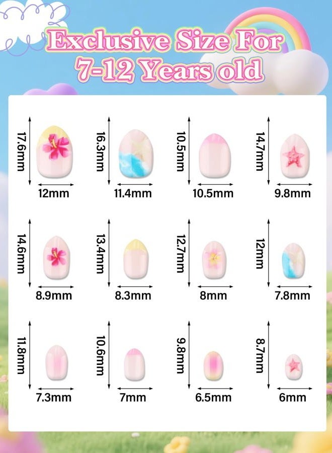 EBANKU طقم أظافر مزيفة للأطفال مكون من 26 قطعة، أظافر شاطئية ملصقة للأطفال، أظافر قصيرة ملونة صناعية مزيفة للفتيات من 6-10 سنوات - Image 2