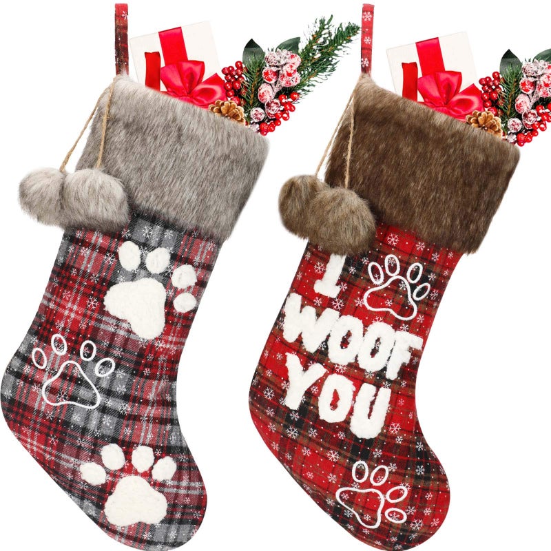 Skylety 2 Pieces Christmas Pet Dog Stocking 20 Inch Buffalo Plaid Christmas Stockings Plush Faux Fur Cuff Christmas Hanging Ornament with Letter and Dog Paw for Xmas Decoration Black Red