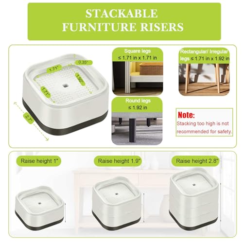 Yookwutar 4 Pack Furniture Risers 1 Inch, Adjustable Bed Risers Heavy Duty for Table Desk Couch Chair Sofa Cabinet Bed Legs Dorm, Square Stackable Bed Raisers Blocks Lift Height 1", 2" or 3", White - Image 2