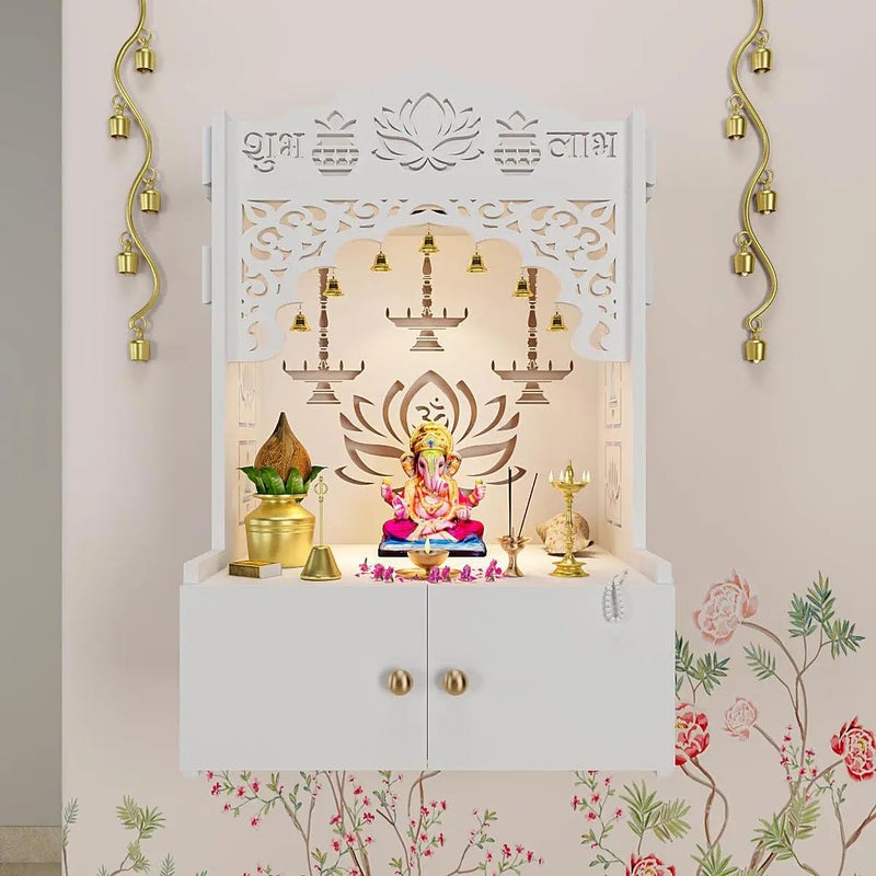 HomScape HomScape Lotus White Finish Wooden Wall Temple for Home with inbuilt Focus Lights Spacious Shelf 