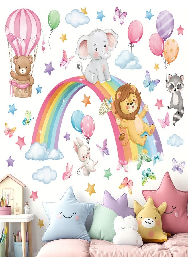 decalmile Rainbow Animal Wall Decals Elephant Lion Bear Clouds Wall Stickers Baby Nursery Kids Room Girls Bedroom Wall Decor - Image 1
