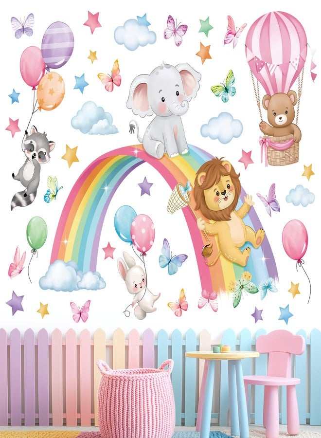 decalmile Rainbow Animal Wall Decals Elephant Lion Bear Clouds Wall Stickers Baby Nursery Kids Room Girls Bedroom Wall Decor - Image 2