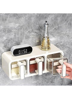 Horizontal and Vertical Dual-use Wall Mounted Sealed Seasoning Set, Seasoning Box with Handle and Spoon, Adhesive Wall Mount Spice Rack, Cruet Condiment Containers Storage Rack (White, Three Squares One)