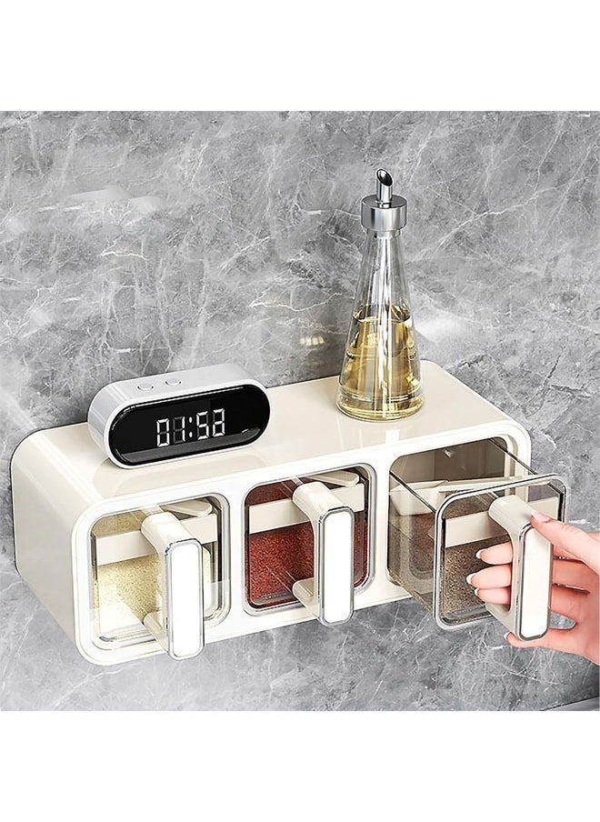 Hihonor - Horizontal and Vertical Dual-use Wall Mounted Sealed Seasoning Set, Seasoning Box with Handle and Spoon, Adhesive Wall Mount Spice Rack, Cruet Condiment Containers Storage Rack (White, Three Squares One) - Image 1
