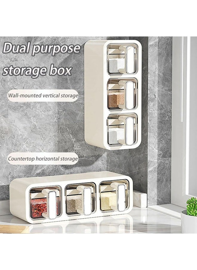 Hihonor - Horizontal and Vertical Dual-use Wall Mounted Sealed Seasoning Set, Seasoning Box with Handle and Spoon, Adhesive Wall Mount Spice Rack, Cruet Condiment Containers Storage Rack (White, Three Squares One) - Image 1