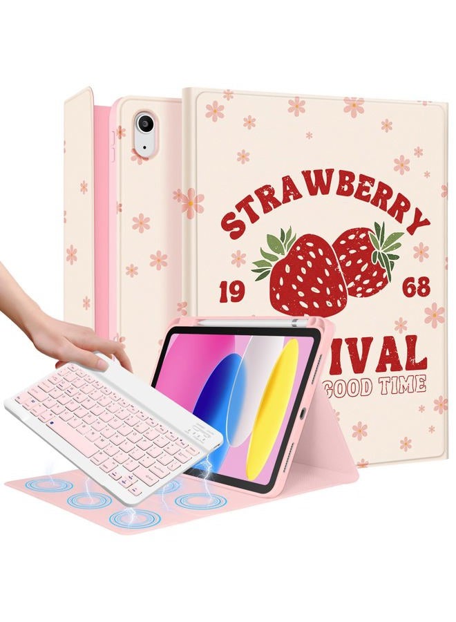 Wazzasoft for iPad 10th Generation Case with Keyboard - for iPad A16 Cases Pencil Holder 10.9 Inch Cover Women Girl Cute Girly Unique Strawberry Design Funda for Apple Tablet 10th/11th gen - Image 1