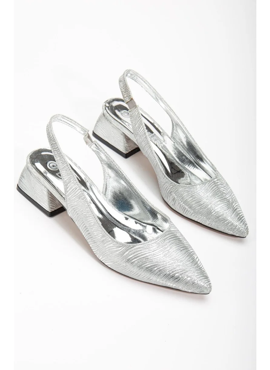 Dilimler Ayakkabı Slices Shoes Large Size Shiny Striped Leather Silver Women's Heeled Shoes