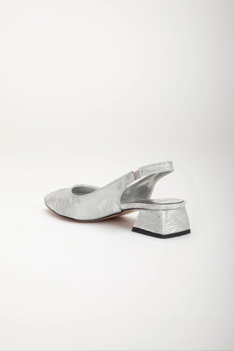 Dilimler Ayakkabı Slices Shoes Large Size Shiny Striped Leather Silver Women's Heeled Shoes