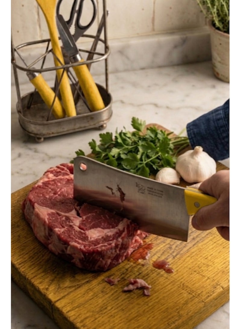 Yellow Stainless Steel Cleaver – 35 cm – Made in China – Heavy-Duty Butcher Knife - Image 5