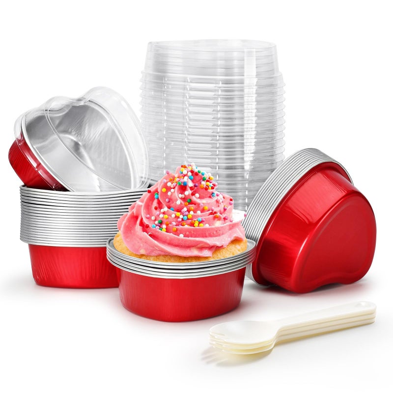 STN Mini Heart Shaped Cake Pans 100 ml/ 3.4 Ounces Heart Aluminum Foil Cupcake Pans 50pcs Valentine's Day Baking Cups With Lids Spoon for Valentine Mother's Day Birthday Wedding (Red) - Image 1