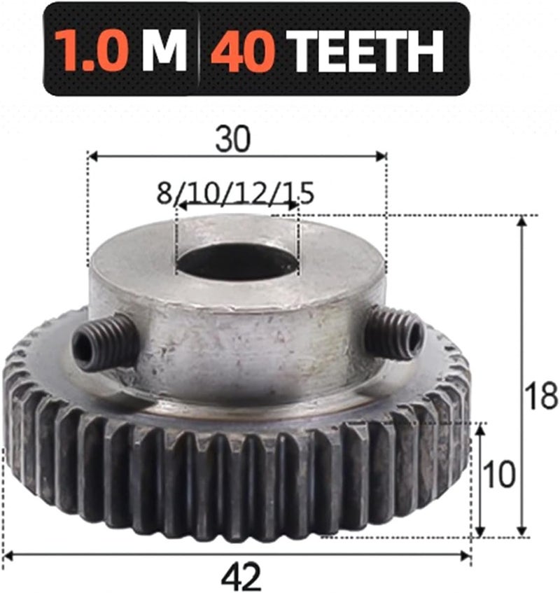 عجلات تروس ورفية (Rack and Pinion)، عجلة تروس من نوع “Pinion”، عدد قط��: 1، عدد التروس: 40، نوع التروس: تروس حادة (Spur Gear)، أشكال التروس: مقعرة (Covex Gear)، أقطار الثقوب الداخلية: 8 مم، 10 مم، 12 مم، 15 مم، طول القضيب المحوري للتروس: 1 متر، عدد التروس: 40، اللون: قطر الثقب 8 مم، الحجم: 40 ترسًا (قطر الثقب 8 مم أيضًا متوفر). - Image 3