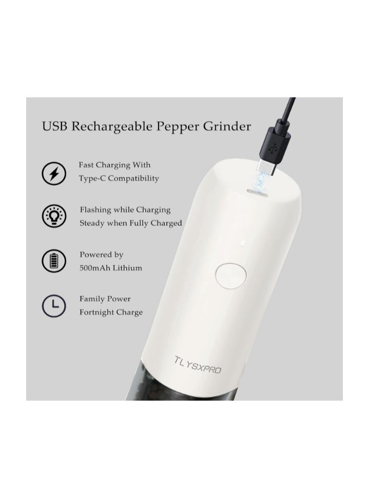 TLYSXPRO Electric Salt and Pepper Grinder Set with USB Rechargeable, Automatic One Hand Operation with Adjustable Coarseness, Pepper Mill Grinder Refillable with LED Light (2 Packs) - Image 4