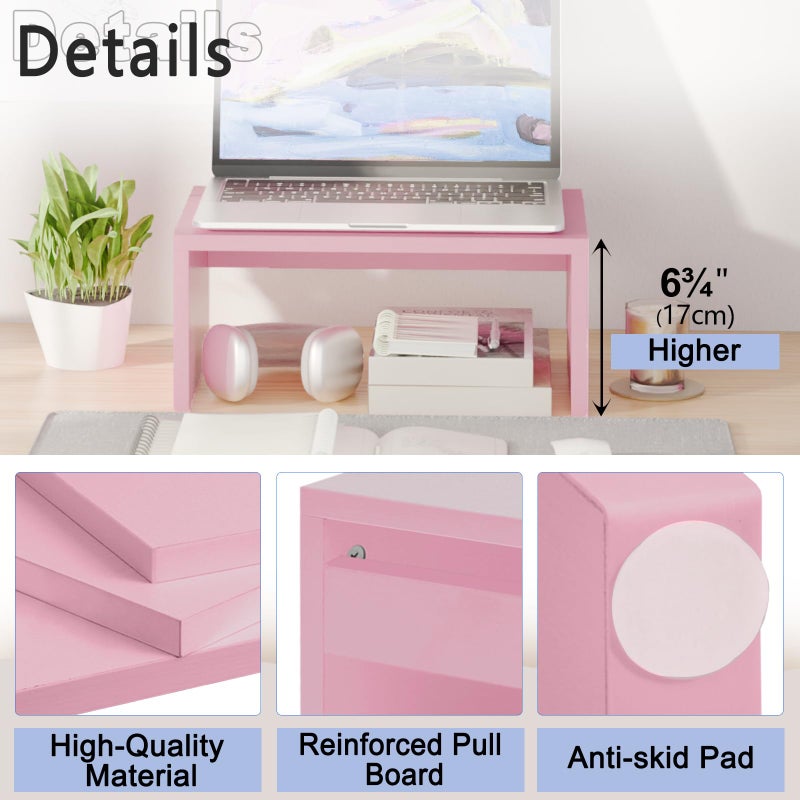 TEAMIX Pink Monitor Stand Riser-6.7 inch, Wood Higher Monitor Riser with Storage for Desk, Laptop Riser Computer PC Stand for Desktop Workspace Home Office(Pink-Higher) - Image 5