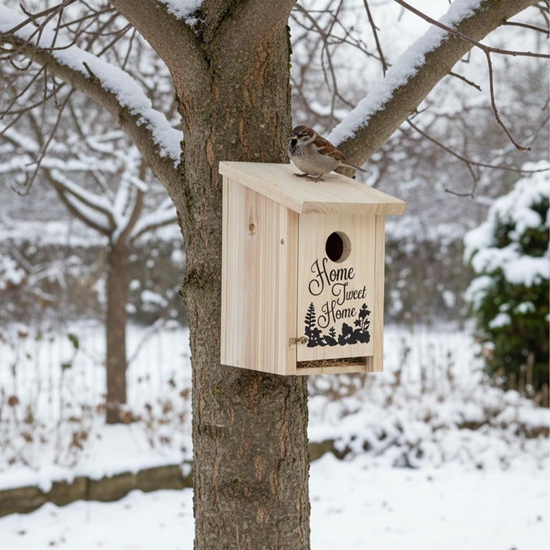 Relaxdays Nest Box for & Sparrows 32mm Cleaning Flap Wooden Bird House Hanging Nesting Cave Natural - Image 3