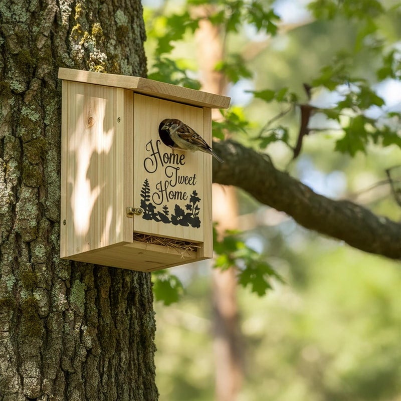 Relaxdays Nest Box for & Sparrows 32mm Cleaning Flap Wooden Bird House Hanging Nesting Cave Natural - Image 2