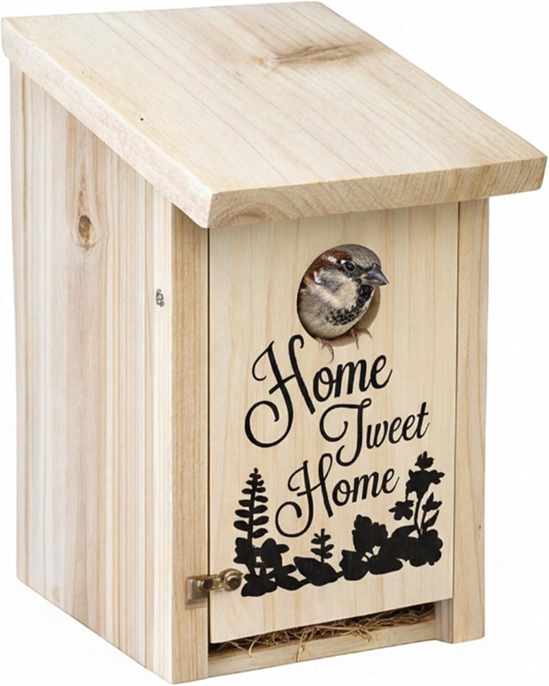 Relaxdays Nest Box for & Sparrows 32mm Cleaning Flap Wooden Bird House Hanging Nesting Cave Natural - Image 1