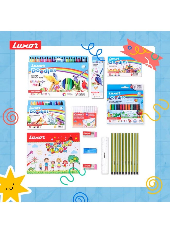 Luxor طقم الفنان الذكي لوكسور للأطفال - كتاب رسم، أقلام شمع بلاستيكية وواكس، باستيل زيتية، أقلام ألوان مائية، أقلام رسم صغيرة، مجموعة أقلام رصاص مع ممحاة ومسطرة، مثالي للفنانين الشباب الطموحين - Image 2