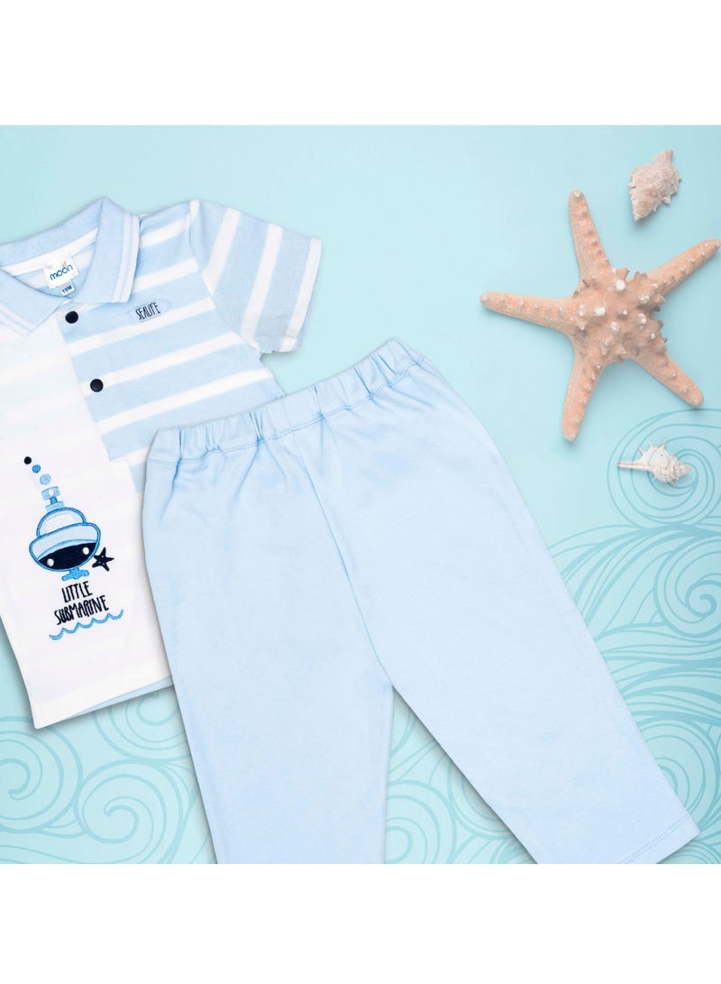 Moon MOON 100% Cotton Polo T-Shirt and Long Pant 18-24M Blue - Little Submarine  - Image 5