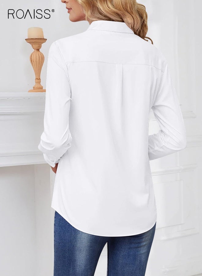roaiss Women's Versatile Formal Dress White Shirt Business Formal to Casual Elegance with Wrinkle-Free Stretch Fabric Lapel Collar Button down for Office Everyday Wear - Image 2