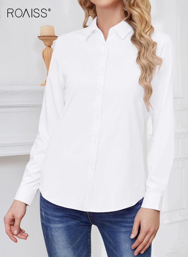 roaiss Women's Versatile Formal Dress White Shirt Business Formal to Casual Elegance with Wrinkle-Free Stretch Fabric Lapel Collar Button down for Office Everyday Wear - Image 1