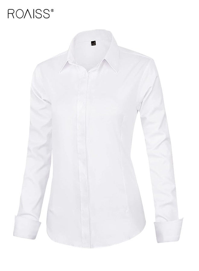 roaiss Women's Versatile Formal Dress White Shirt Business Formal to Casual Elegance with Wrinkle-Free Stretch Fabric Lapel Collar Button down for Office Everyday Wear - Image 5