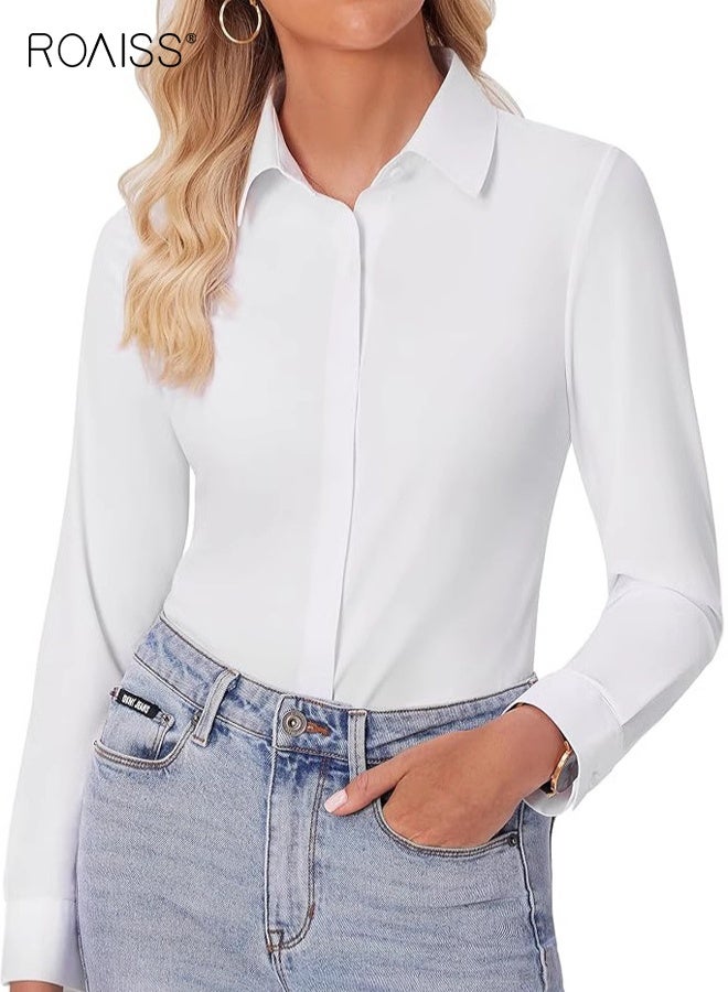 roaiss Women Formal Shirt, Long Sleeve Button Down Shirt for Ladies, Lapel Collar Slim Fit Blouse, Suitable for Daily Wear, Office, Interview and Business - Image 3