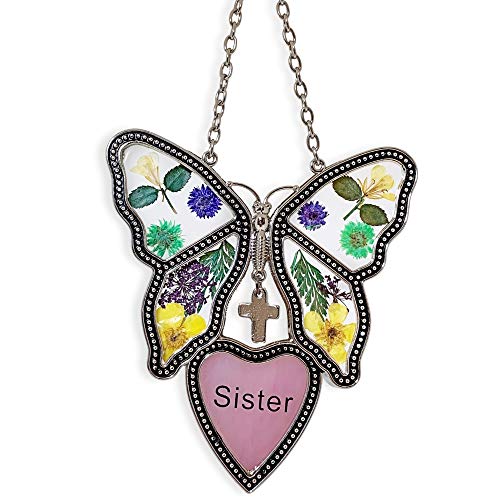 BANBERRY DESIGNS BANBERRY DESIGNS Sister Butterfly Suncatcher - Pressed Flowers Butterfly with Pink Sister Heart - Stained Glass Garden  - Image 1