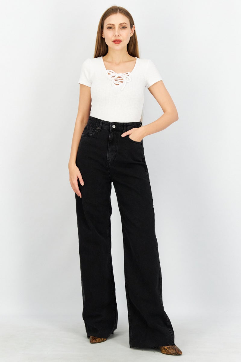 NA-KD Women Dark Washed Stretchable Wide Leg Jeans, Washed Black - Image 3