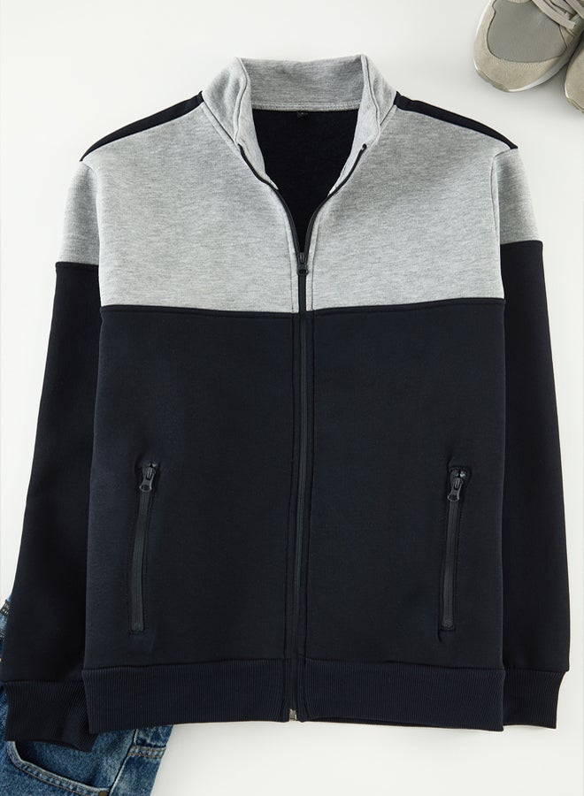 trendyol Navy Blue-Grey Melange Regular Fit Long Sleeve Stand Collar Zippered Sweatshirt TMNAW22SW0720 - Image 2