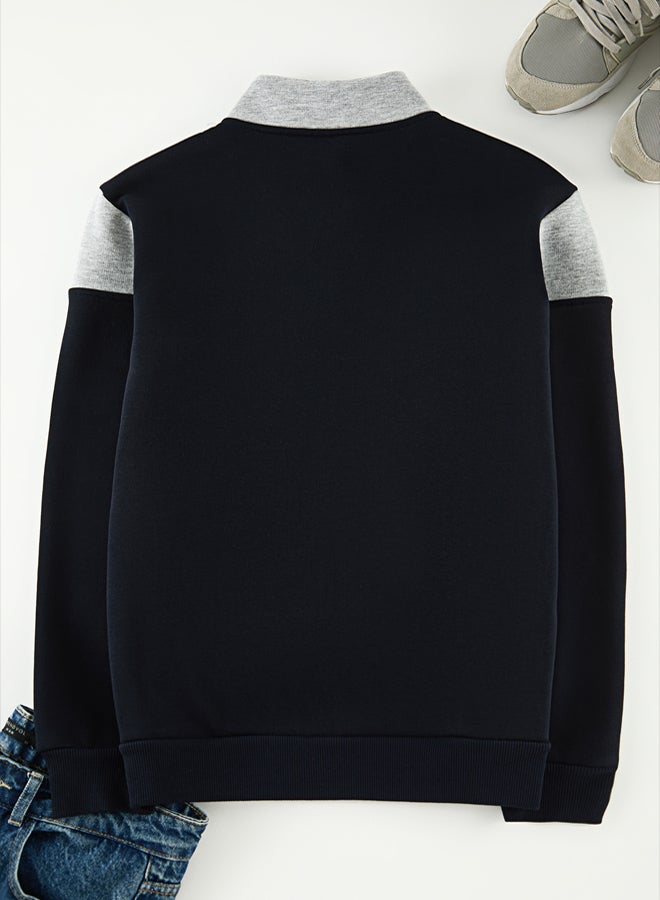trendyol Navy Blue-Grey Melange Regular Fit Long Sleeve Stand Collar Zippered Sweatshirt TMNAW22SW0720 - Image 4
