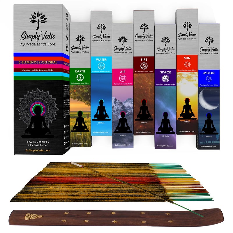 Simply Vedic 5 Elements Premium Incense Sticks with Burner| Agarbatti for Meditation, Yoga, Reiki, Healing, Aromatherapy, Energy Cleansing (Pack of 7 Variants x 20 Sticks: Lasting 60 Minutes Each) - Image 1